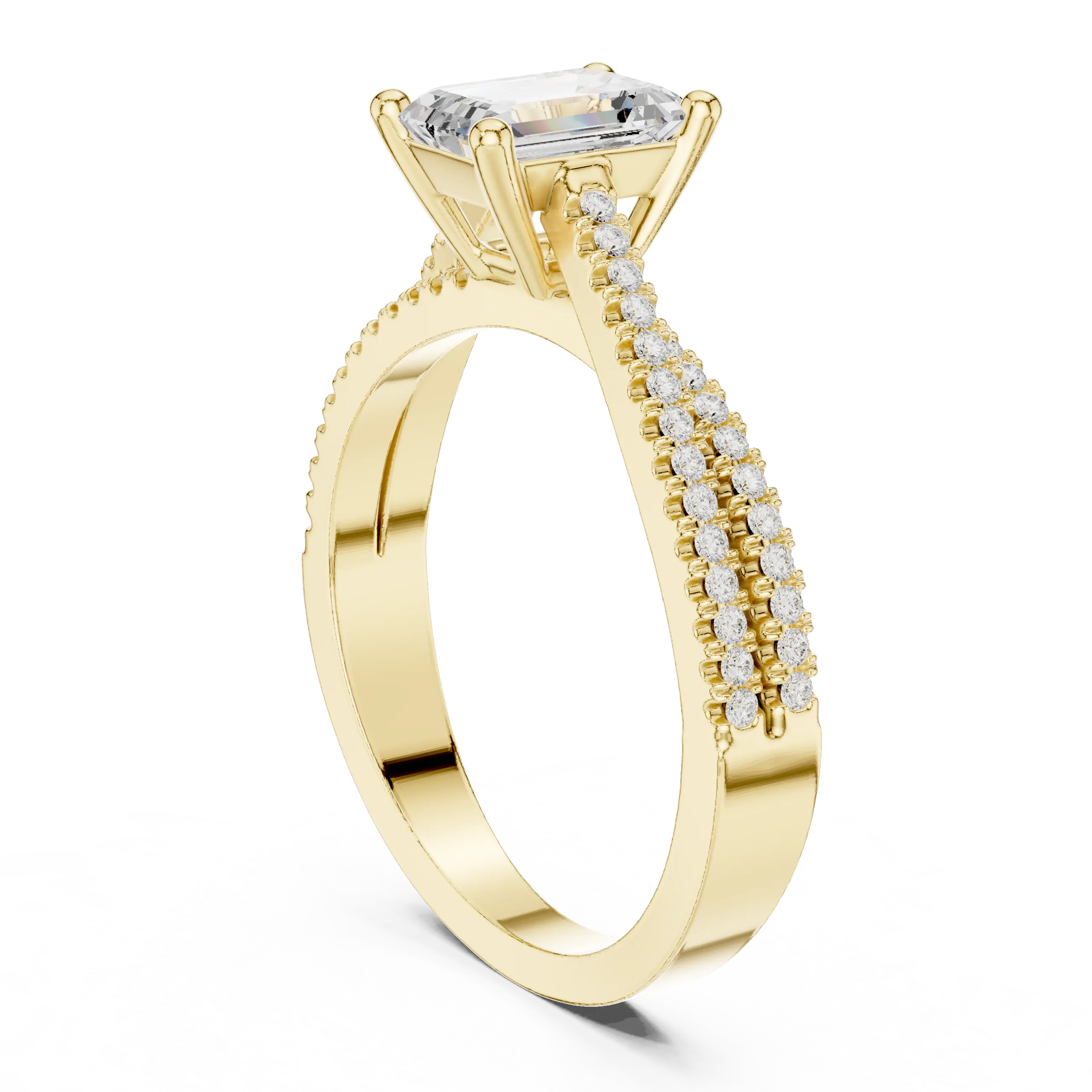 14K White Gold Emerald Cut Diamond Double Row Pavé Ring