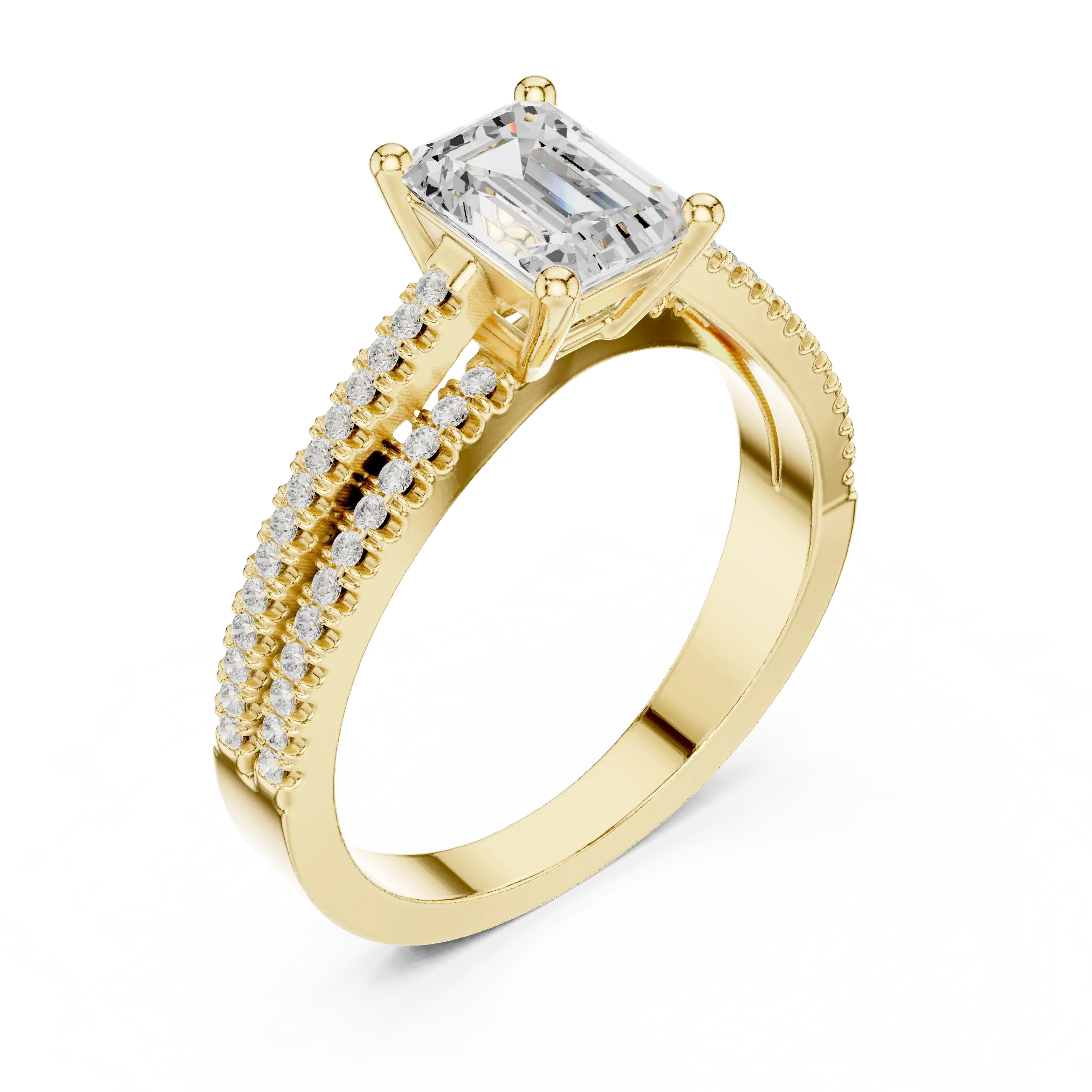 14K White Gold Emerald Cut Diamond Double Row Pavé Ring