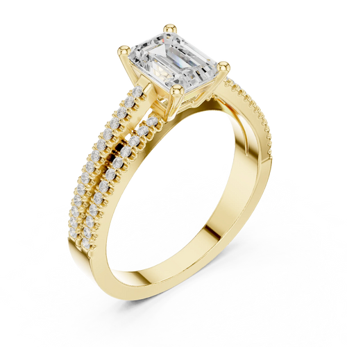 14K White Gold Emerald Cut Diamond Double Row Pavé Ring
