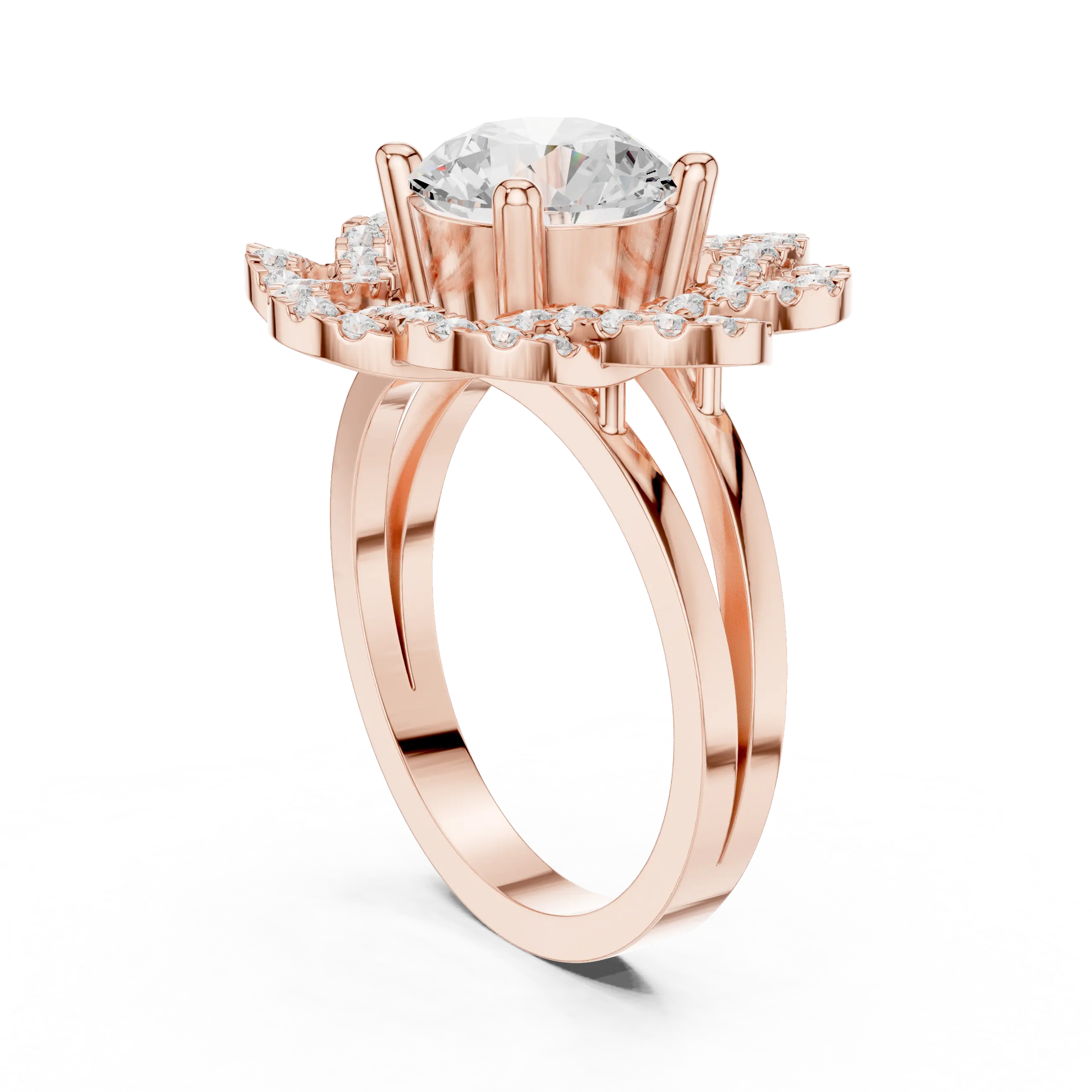 10K White Gold Round Diamond Floral Scalloped Halo Ring