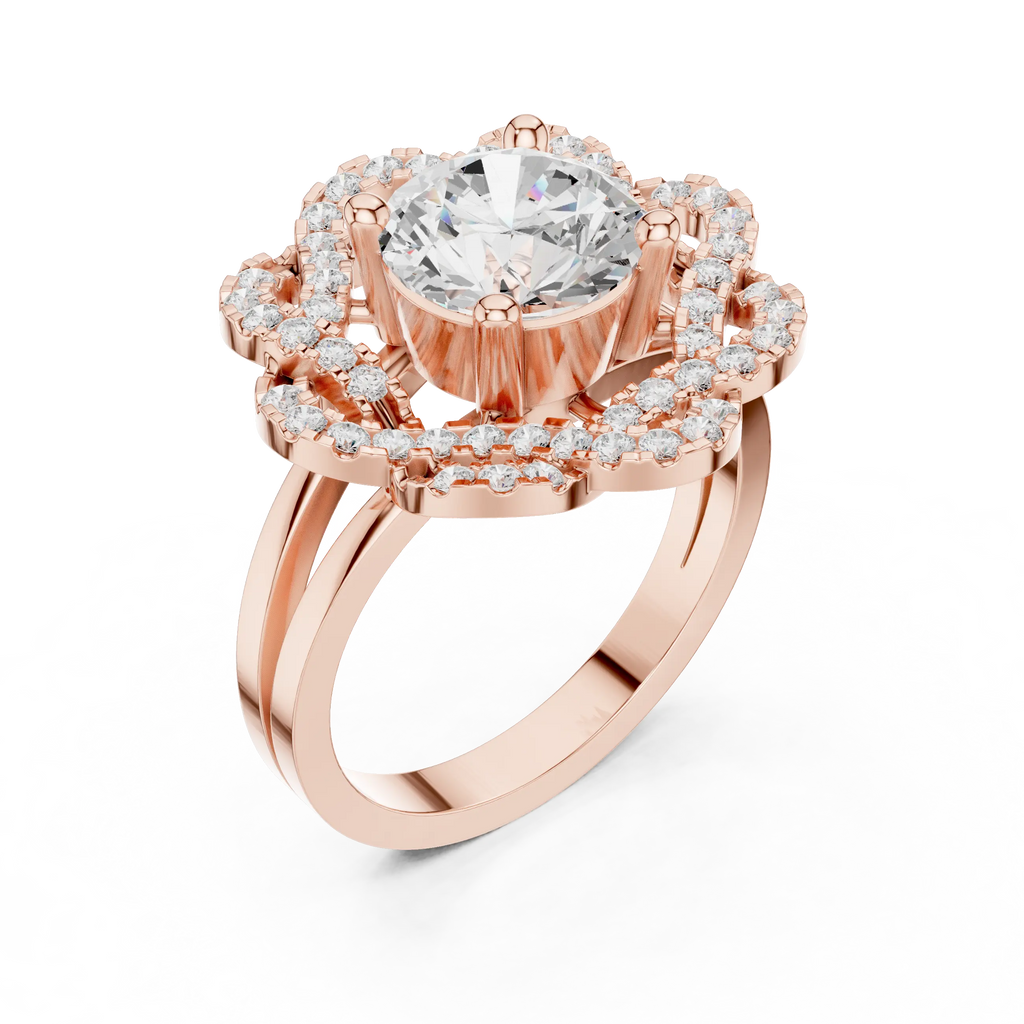 10K White Gold Round Diamond Floral Scalloped Halo Ring