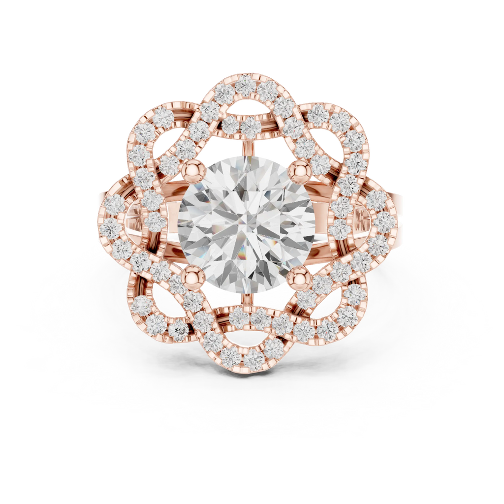 10K White Gold Round Diamond Floral Scalloped Halo Ring