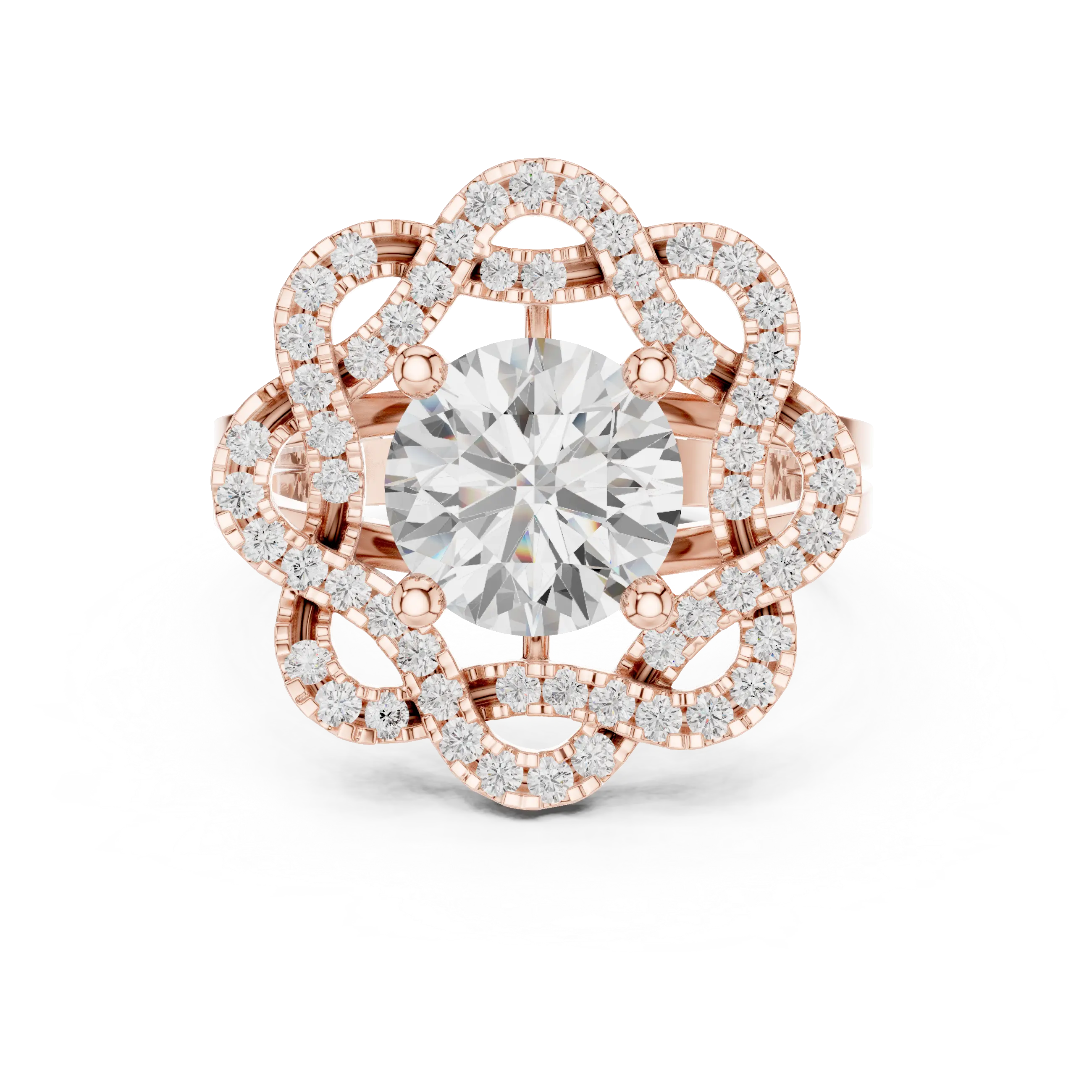 10K White Gold Round Diamond Floral Scalloped Halo Ring