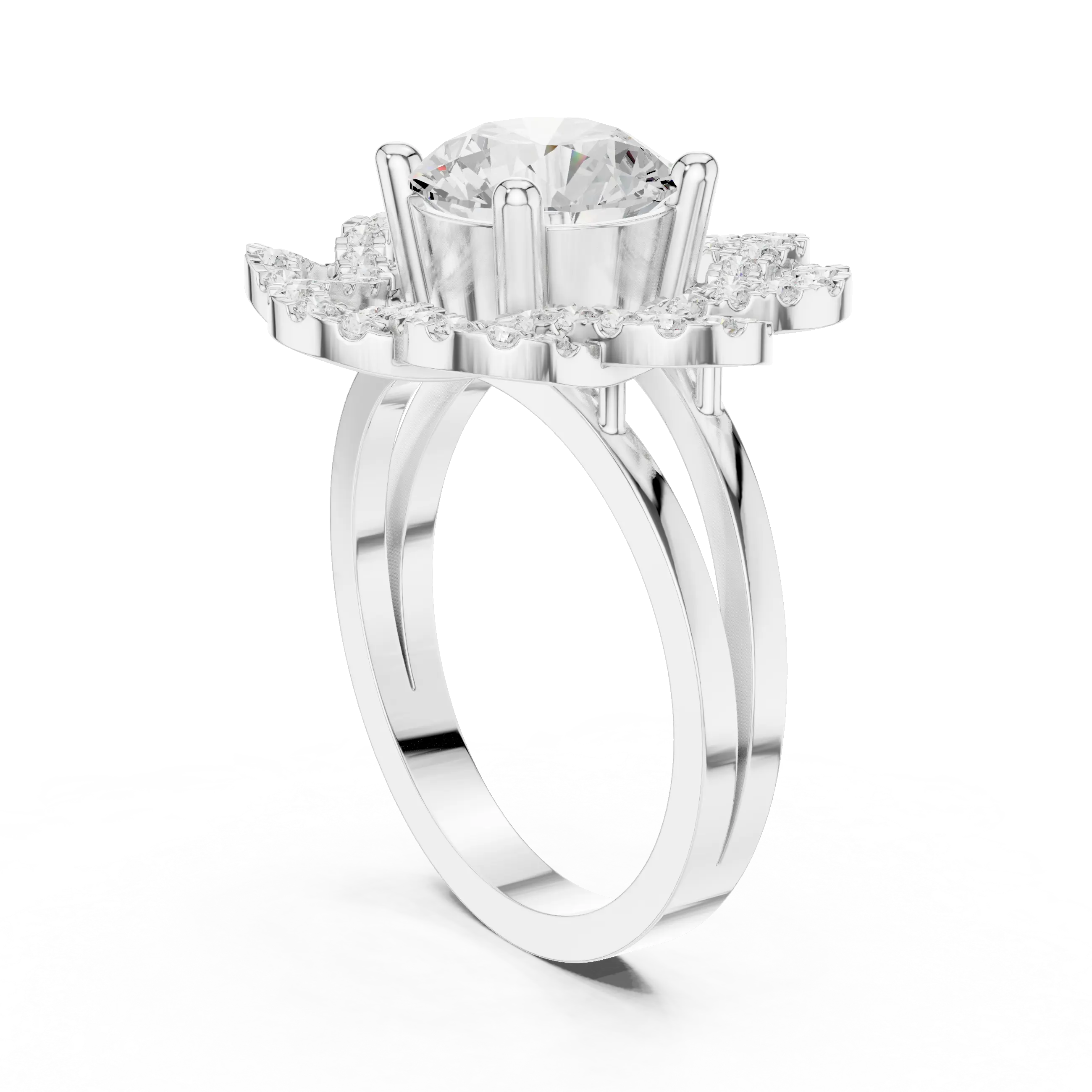 10K White Gold Round Diamond Floral Scalloped Halo Ring