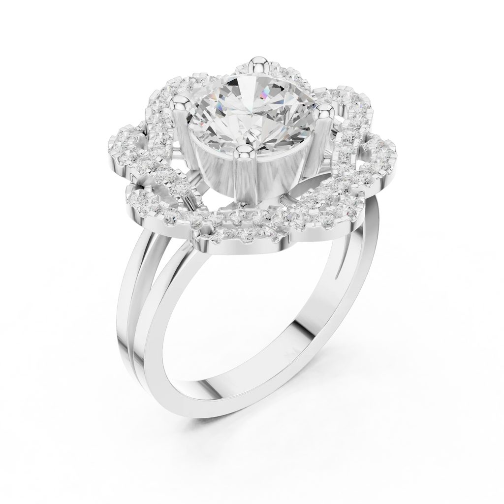 10K White Gold Round Diamond Floral Scalloped Halo Ring