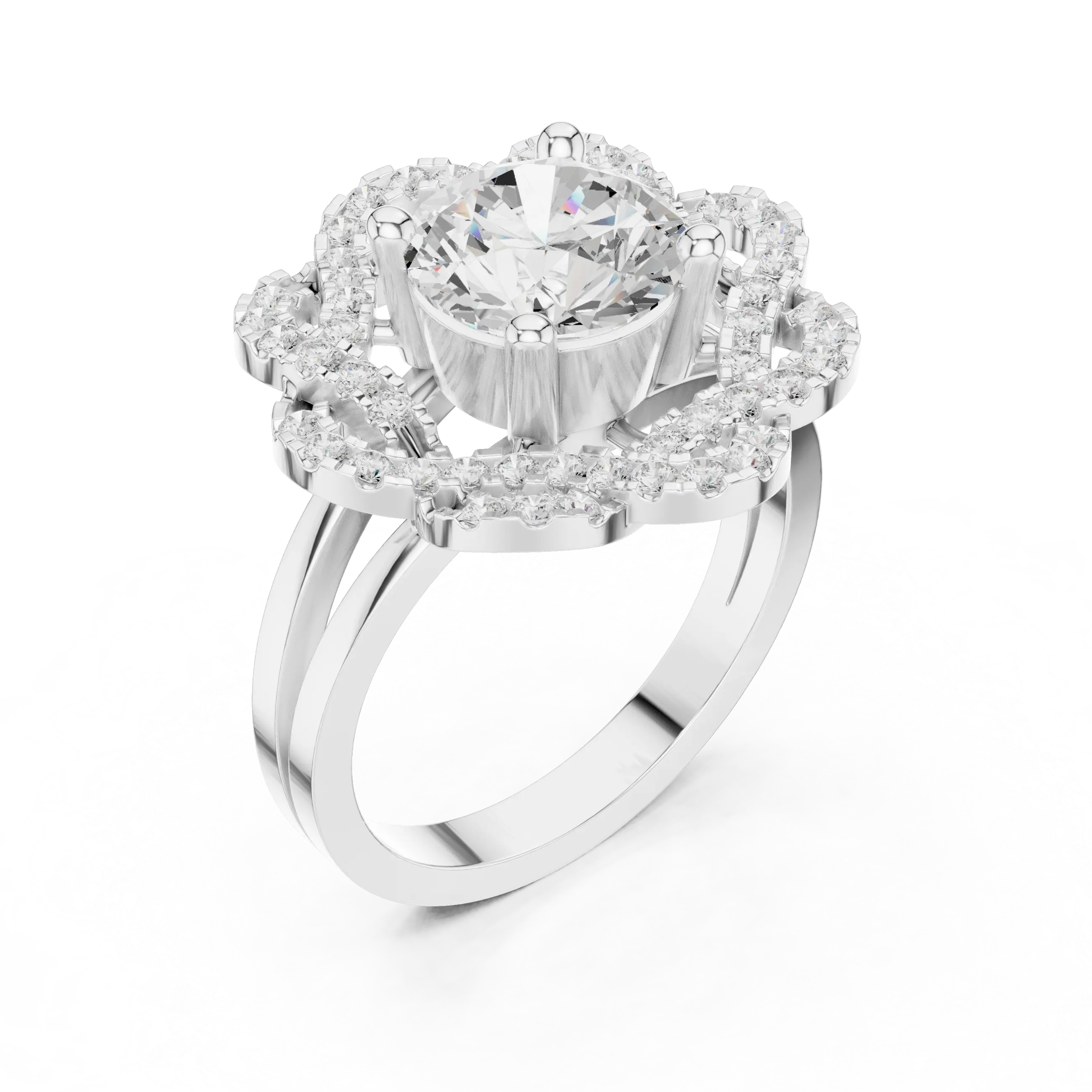 10K White Gold Round Diamond Floral Scalloped Halo Ring