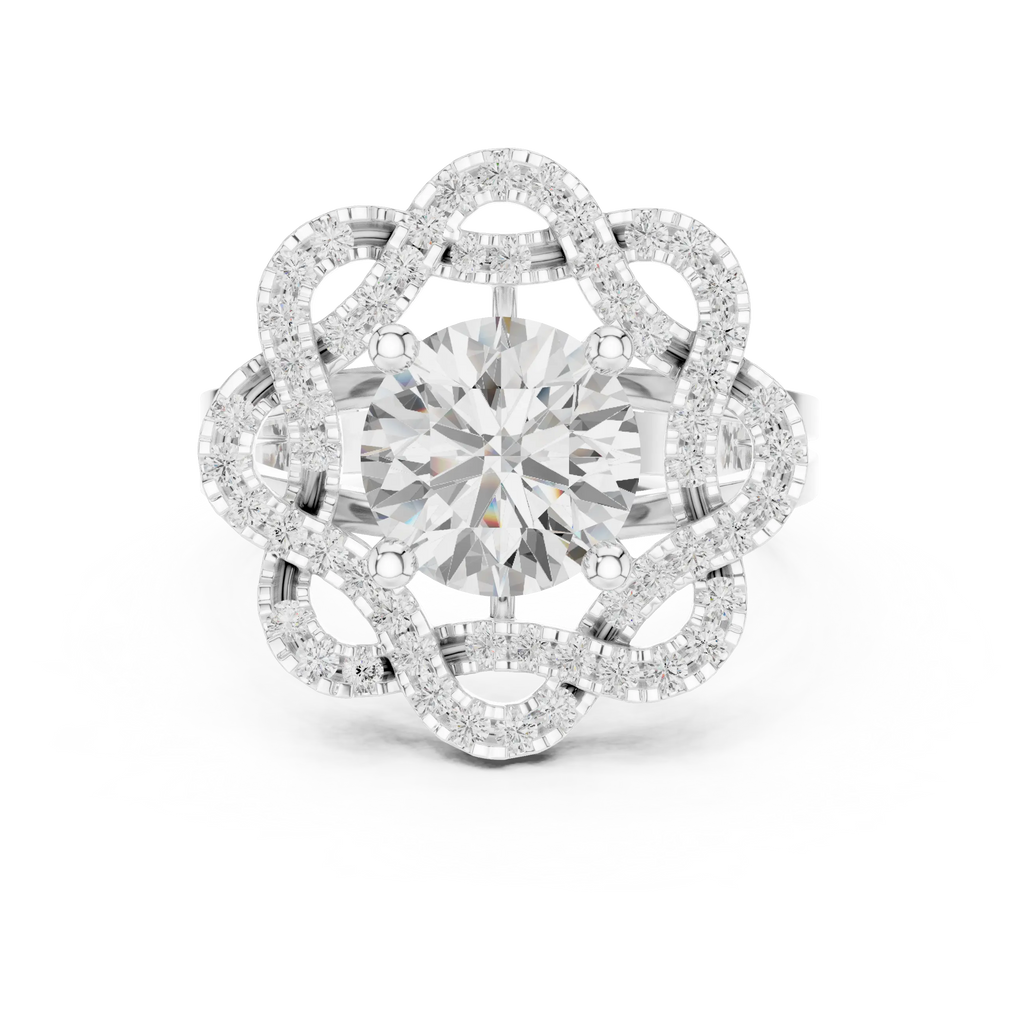 10K White Gold Round Diamond Floral Scalloped Halo Ring