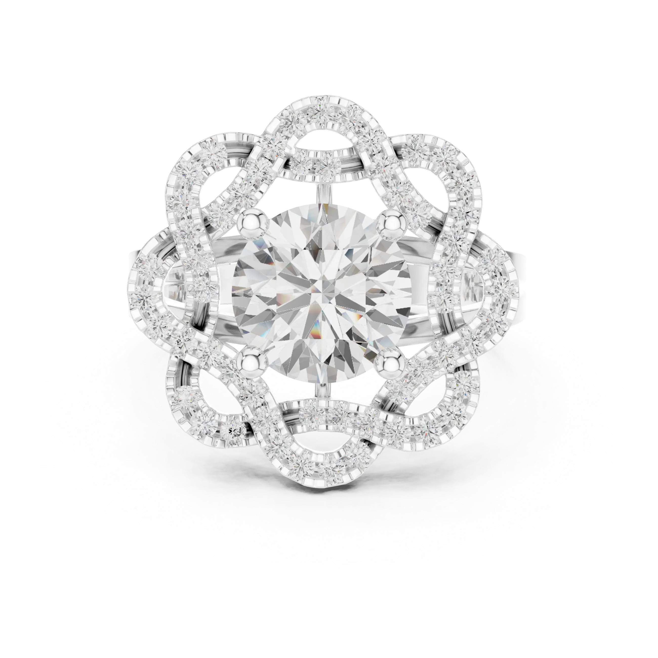 10K White Gold Round Diamond Floral Scalloped Halo Ring