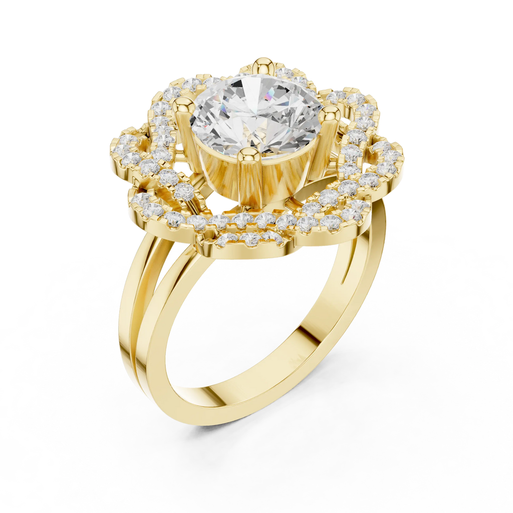 10K White Gold Round Diamond Floral Scalloped Halo Ring