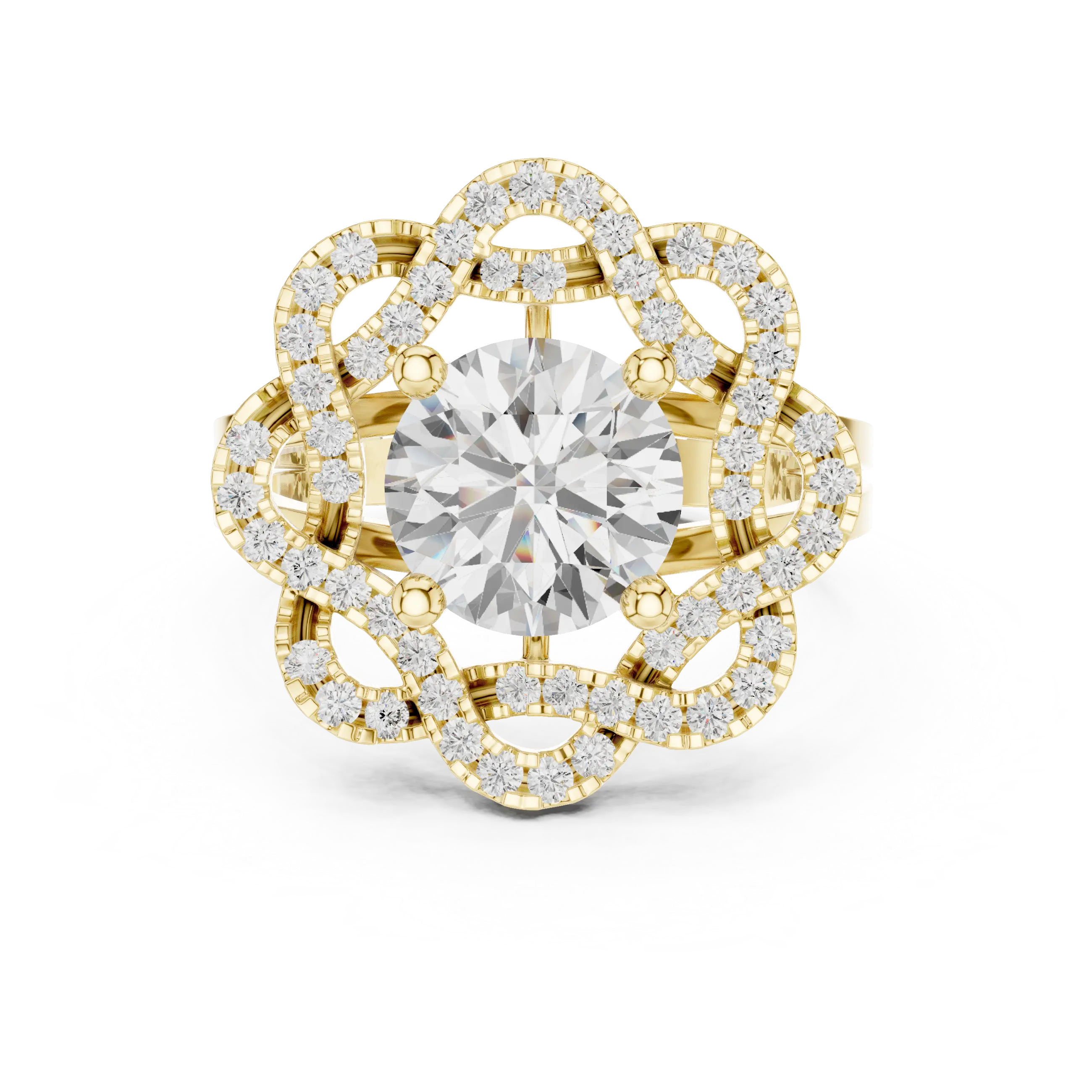 10K White Gold Round Diamond Floral Scalloped Halo Ring