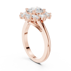 18K White Gold Round Diamond Sunburst Floral Halo Ring