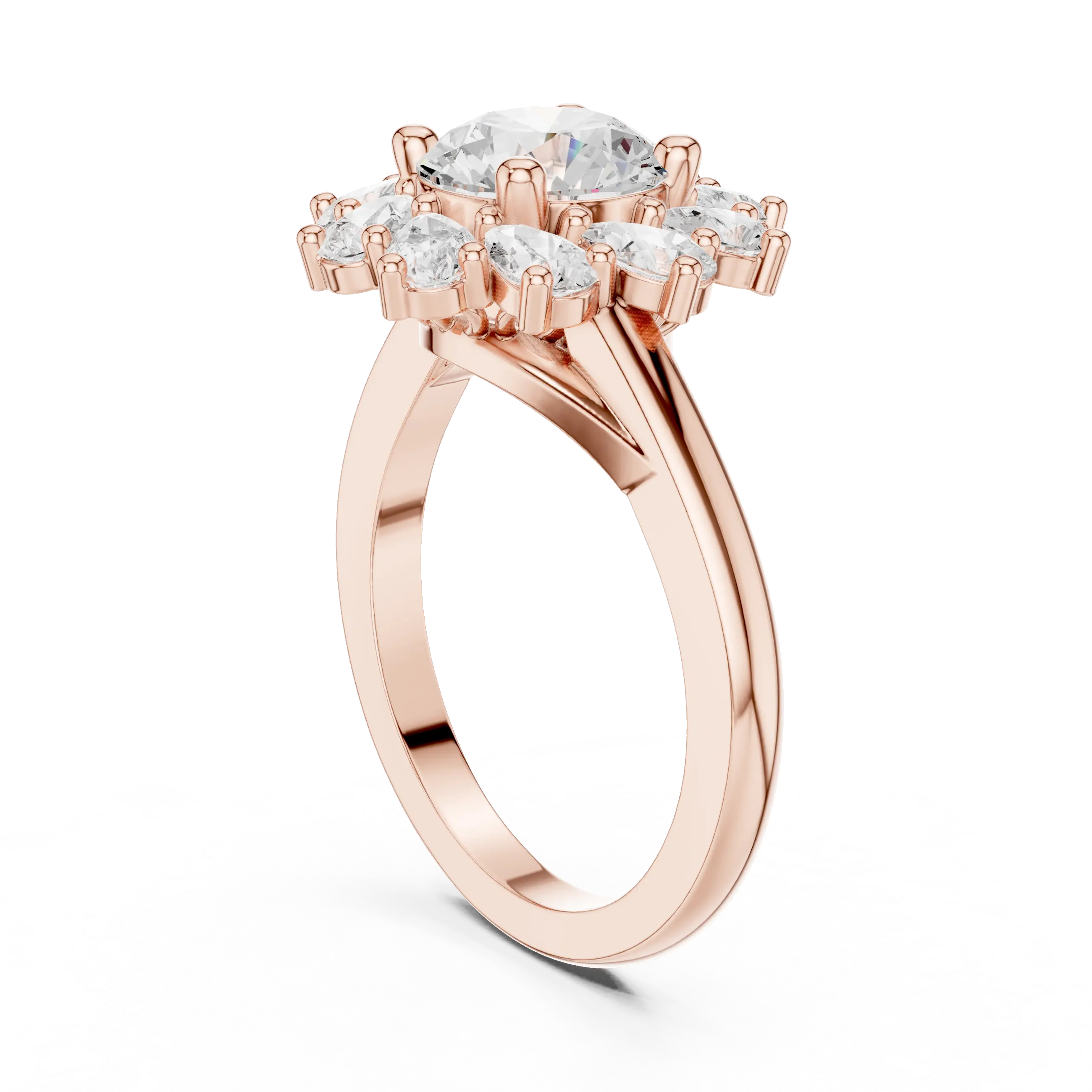 18K White Gold Round Diamond Sunburst Floral Halo Ring
