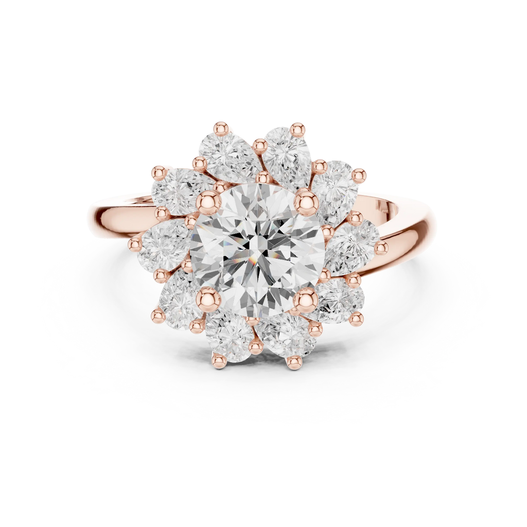 18K White Gold Round Diamond Sunburst Floral Halo Ring
