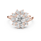 18K White Gold Round Diamond Sunburst Floral Halo Ring