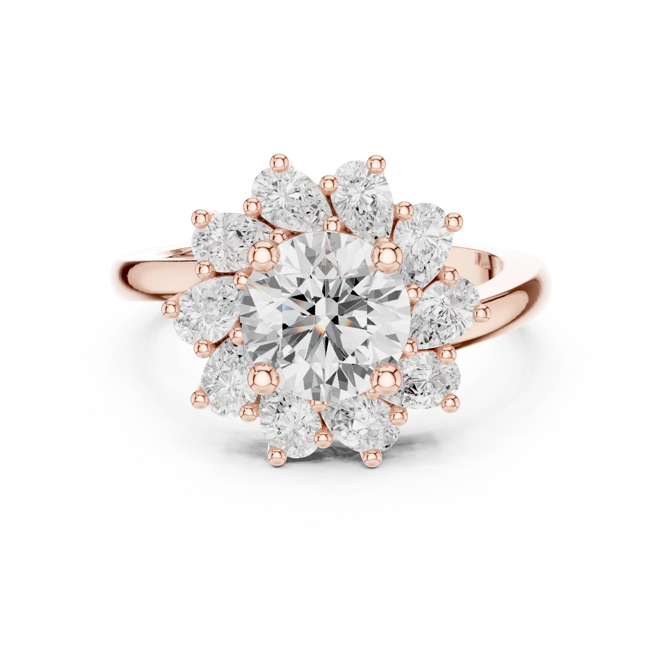 18K White Gold Round Diamond Sunburst Floral Halo Ring