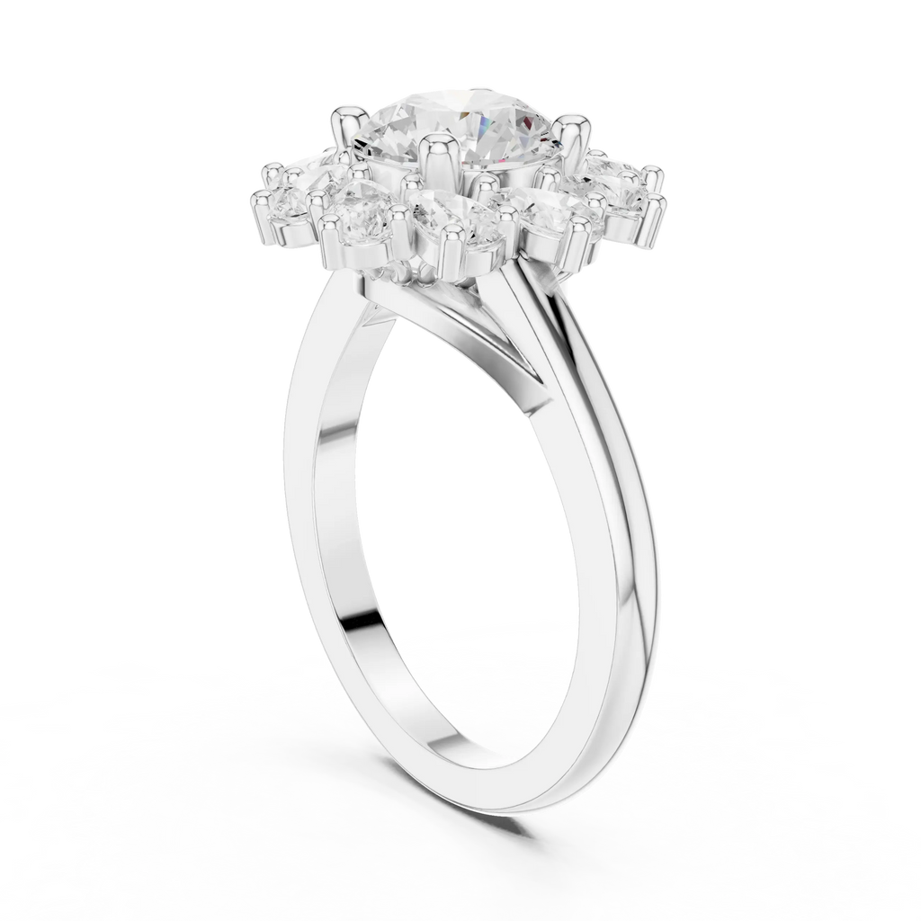 18K White Gold Round Diamond Sunburst Floral Halo Ring
