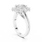 18K White Gold Round Diamond Sunburst Floral Halo Ring