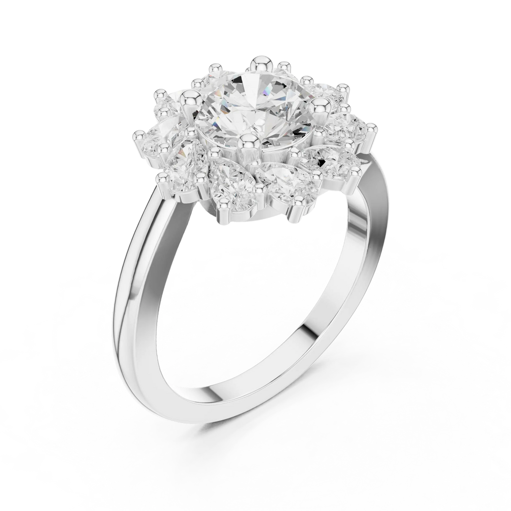 18K White Gold Round Diamond Sunburst Floral Halo Ring