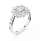 18K White Gold Round Diamond Sunburst Floral Halo Ring