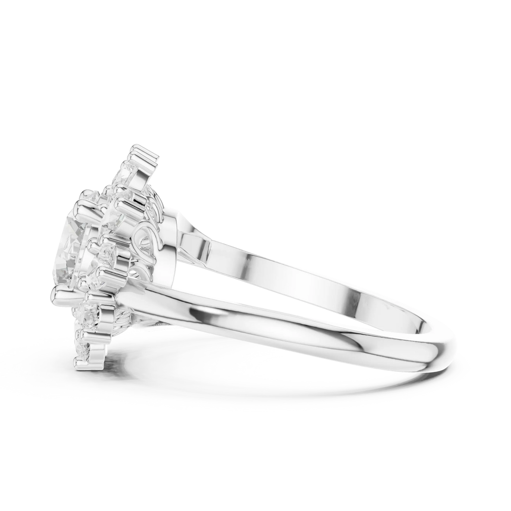 18K White Gold Round Diamond Sunburst Floral Halo Ring