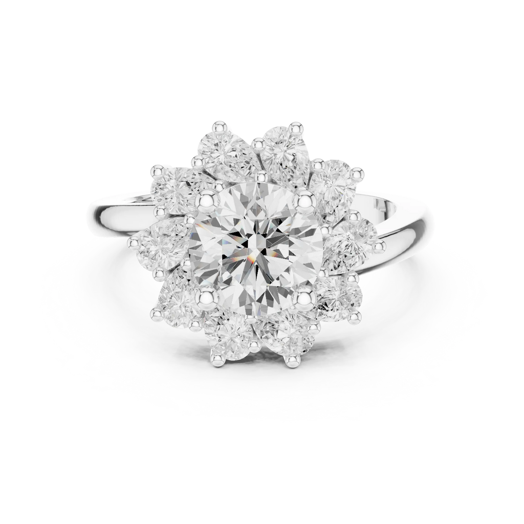 18K White Gold Round Diamond Sunburst Floral Halo Ring