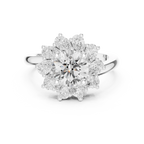 18K White Gold Round Diamond Sunburst Floral Halo Ring