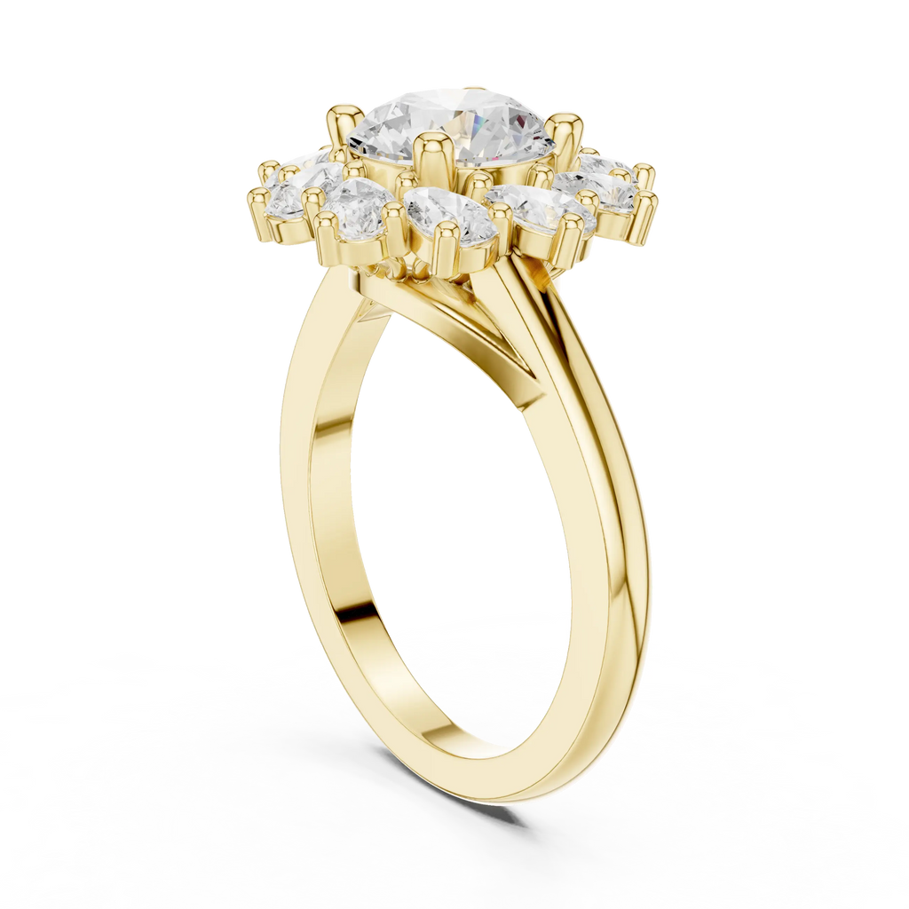 18K White Gold Round Diamond Sunburst Floral Halo Ring