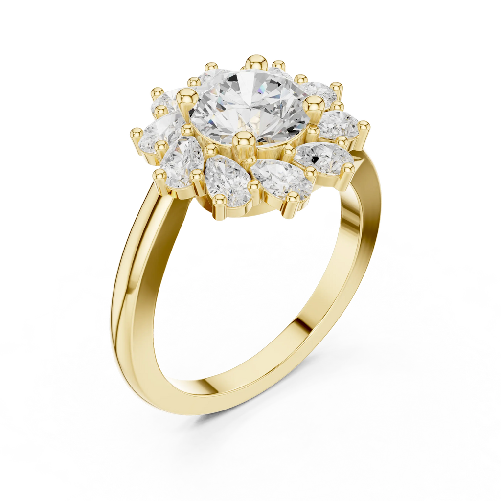 18K White Gold Round Diamond Sunburst Floral Halo Ring