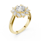 18K White Gold Round Diamond Sunburst Floral Halo Ring