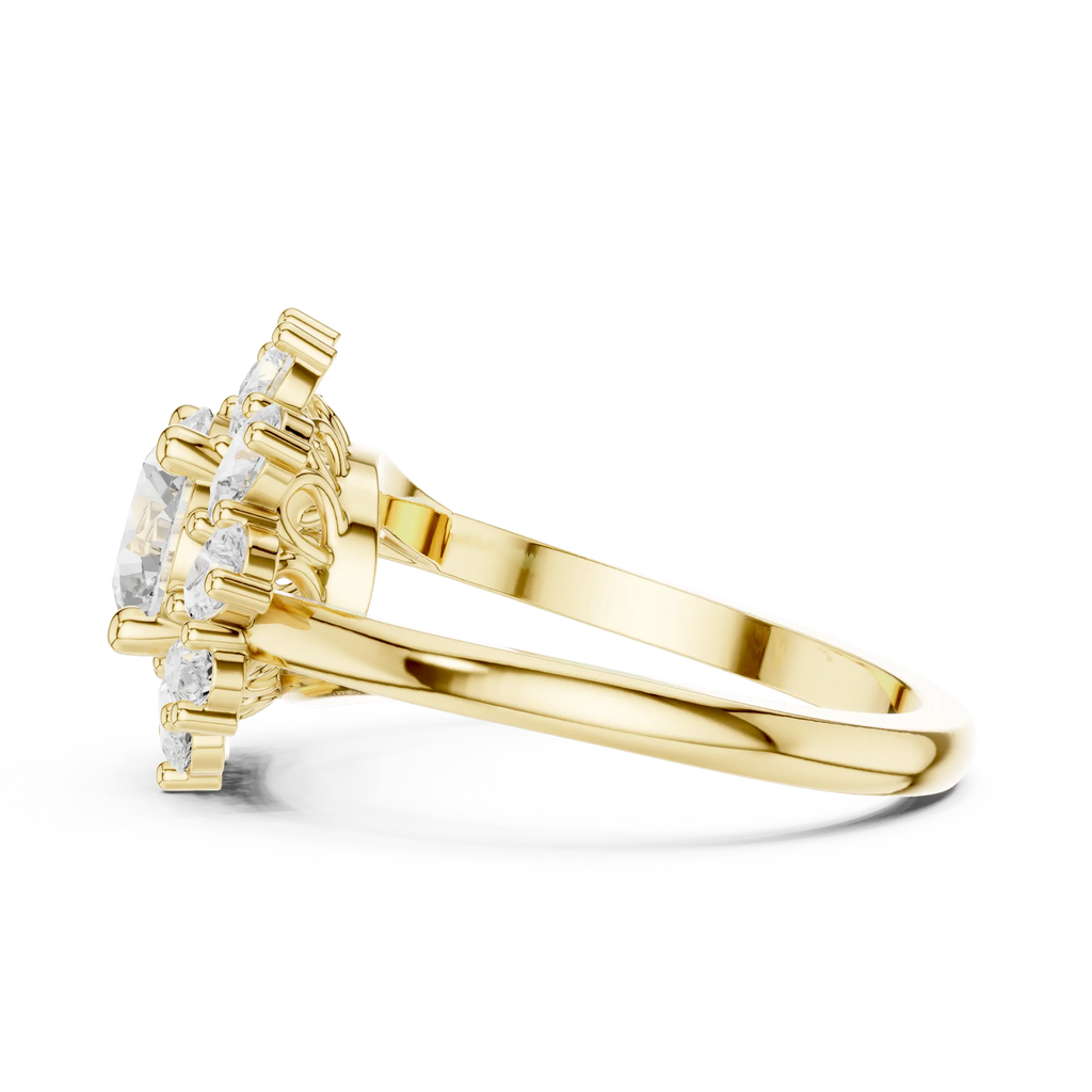 18K White Gold Round Diamond Sunburst Floral Halo Ring