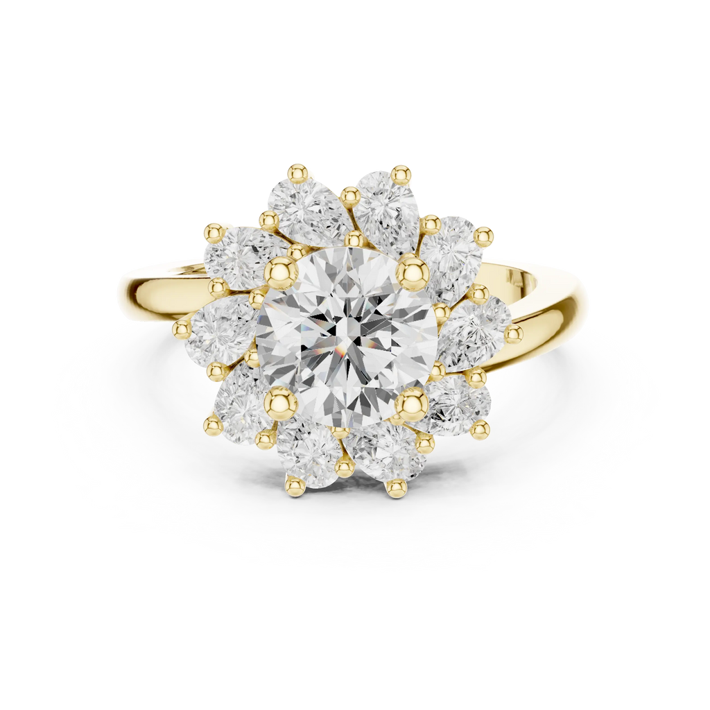18K White Gold Round Diamond Sunburst Floral Halo Ring