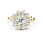 18K White Gold Round Diamond Sunburst Floral Halo Ring