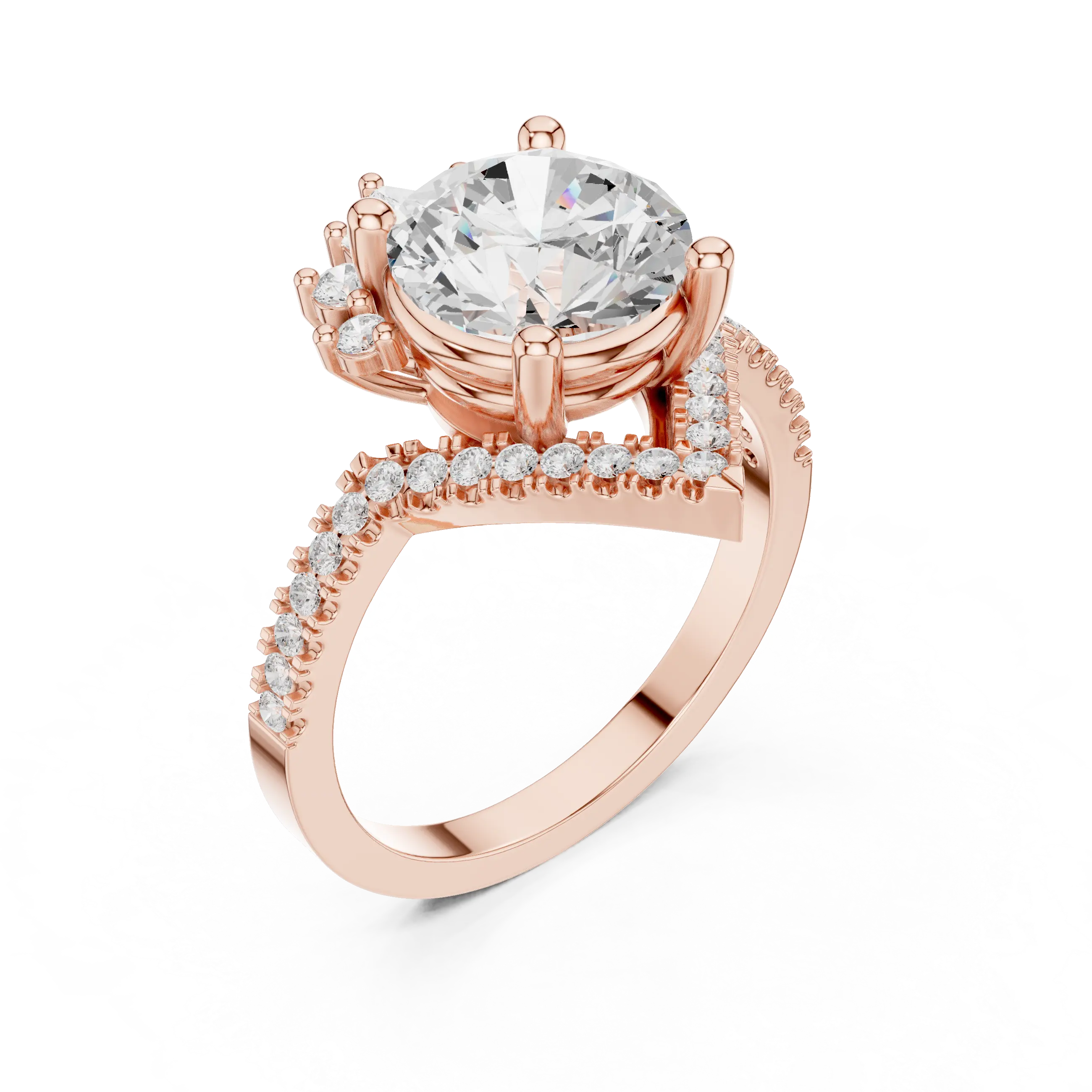 14K White Gold Round Diamond Chevron Engagement Ring