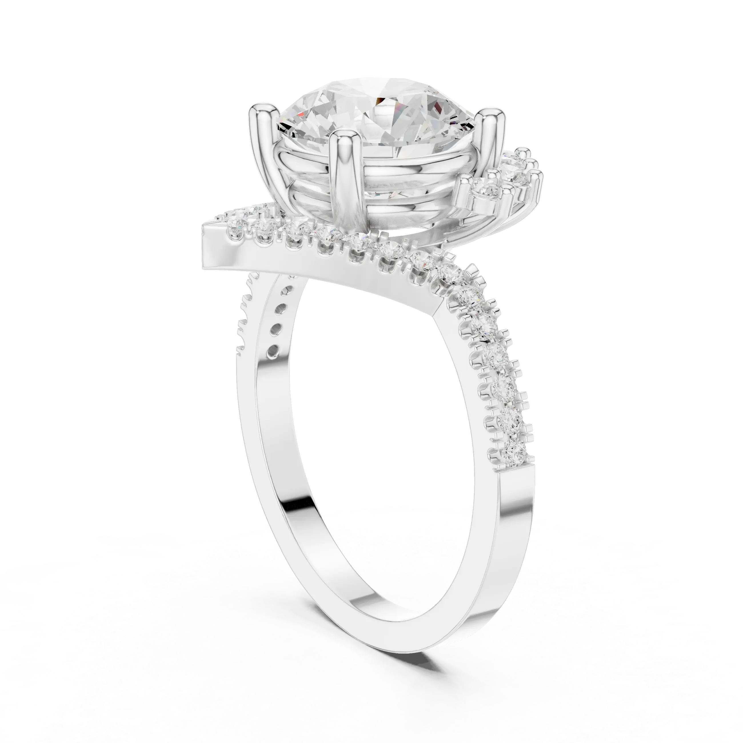 14K White Gold Round Diamond Chevron Engagement Ring