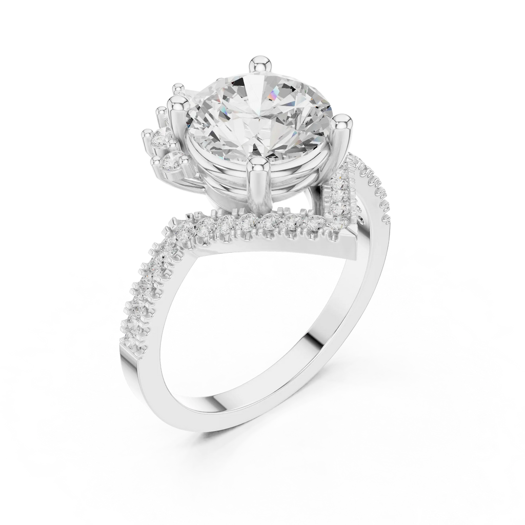 14K White Gold Round Diamond Chevron Engagement Ring