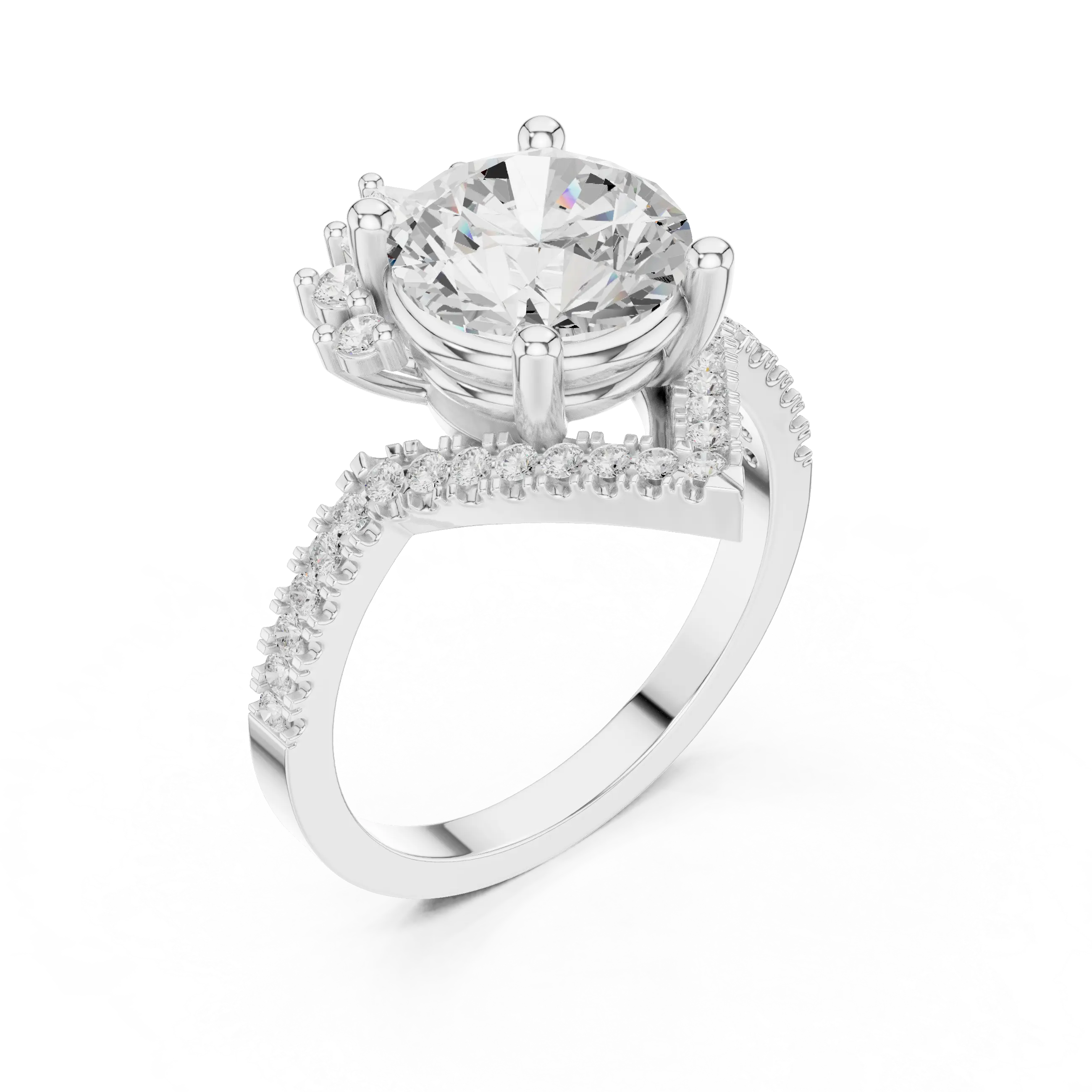 14K White Gold Round Diamond Chevron Engagement Ring