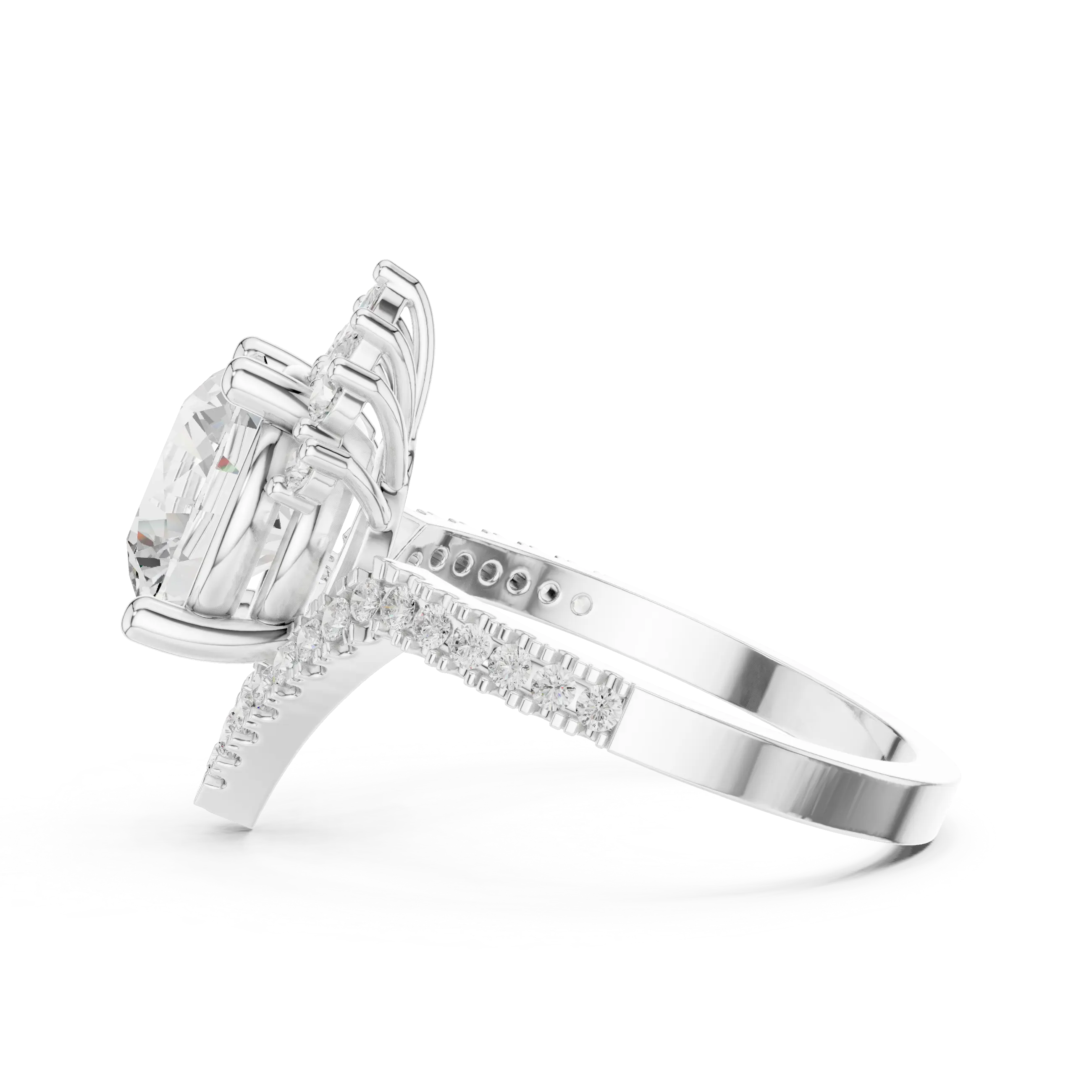 14K White Gold Round Diamond Chevron Engagement Ring