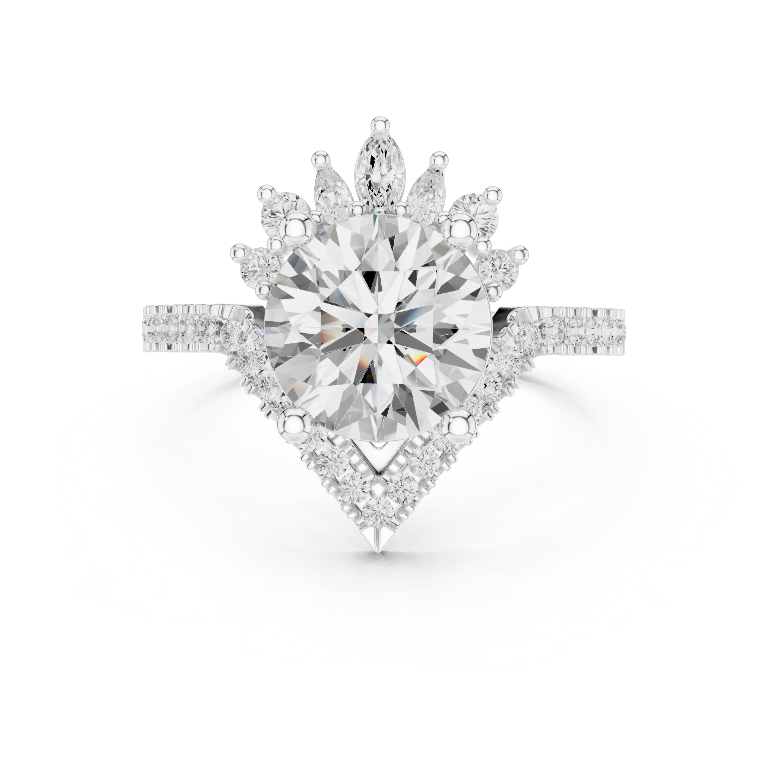 14K White Gold Round Diamond Chevron Engagement Ring