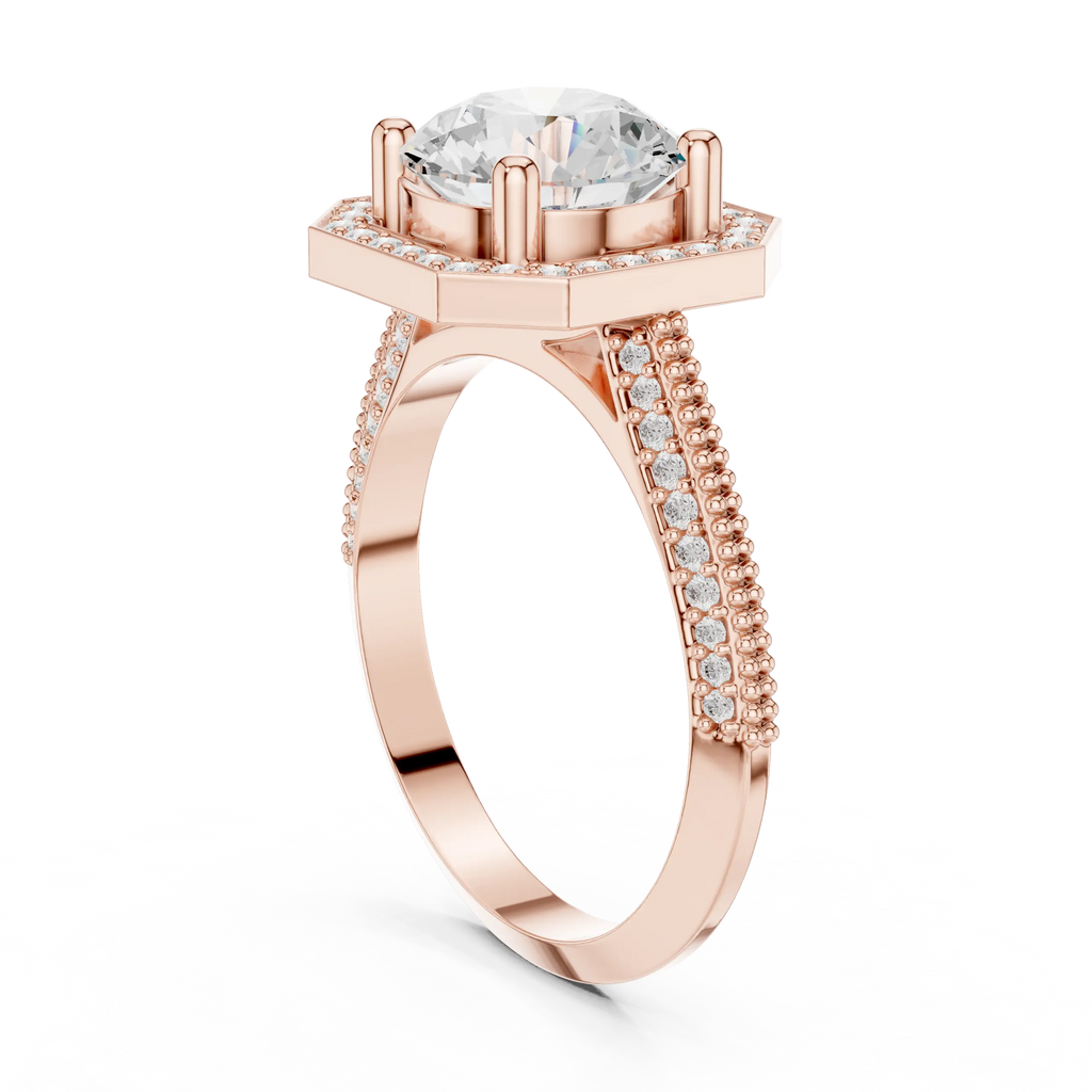 10K White Gold Round Diamond Hexagon Halo Engagement Ring