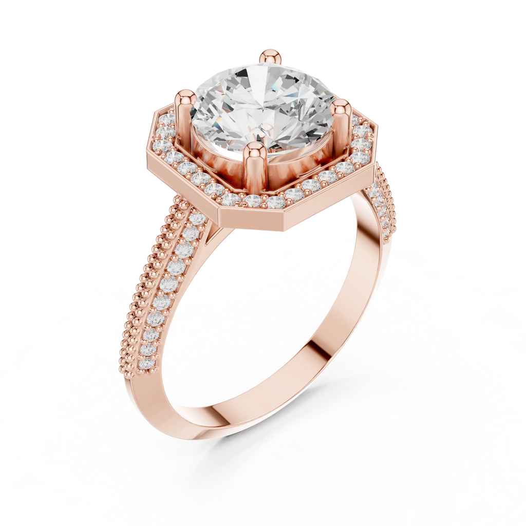 10K White Gold Round Diamond Hexagon Halo Engagement Ring