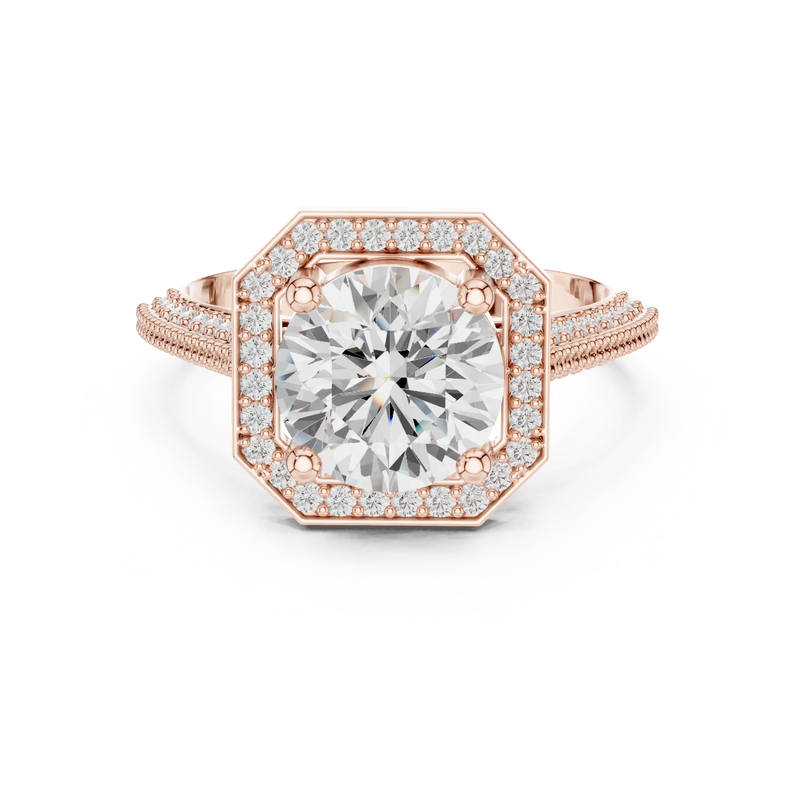 10K White Gold Round Diamond Hexagon Halo Engagement Ring