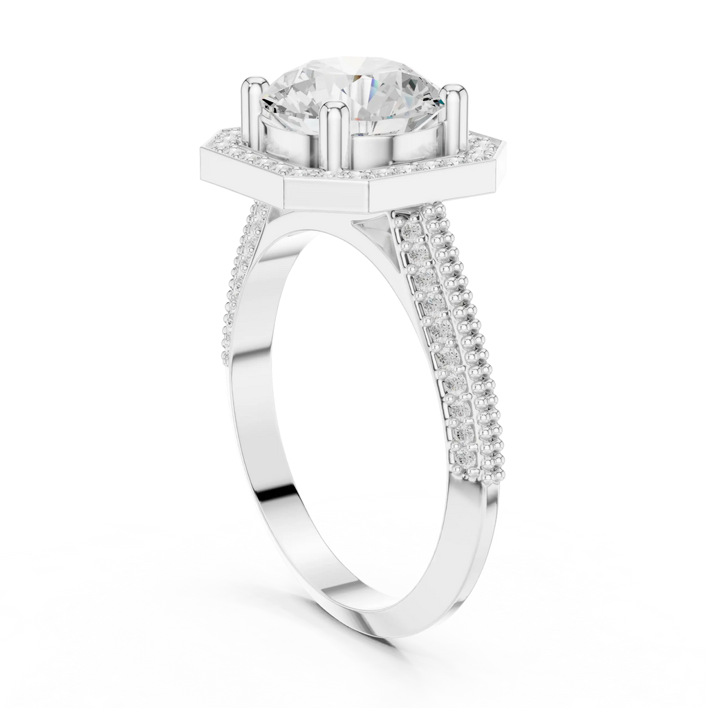 10K White Gold Round Diamond Hexagon Halo Engagement Ring