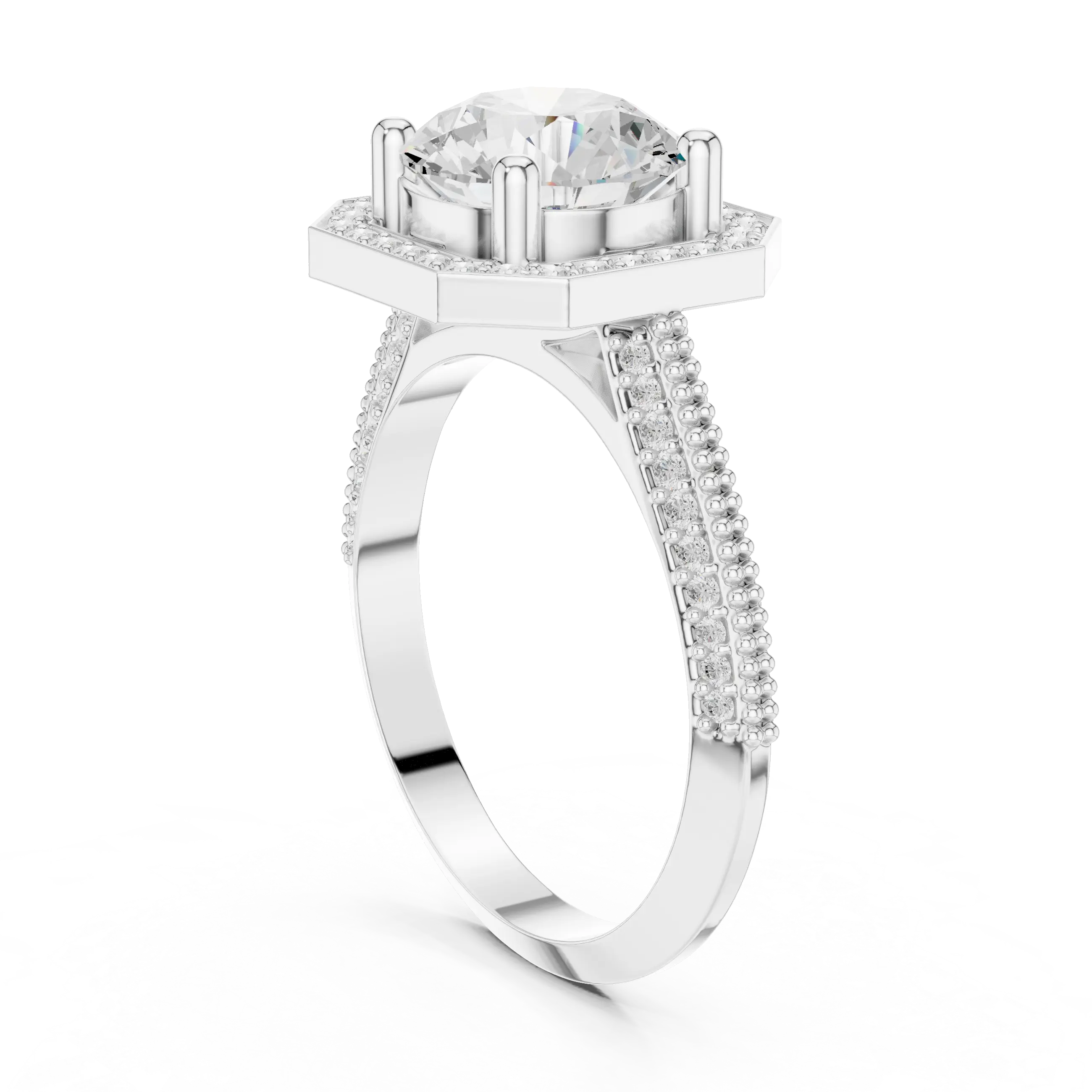 10K White Gold Round Diamond Hexagon Halo Engagement Ring