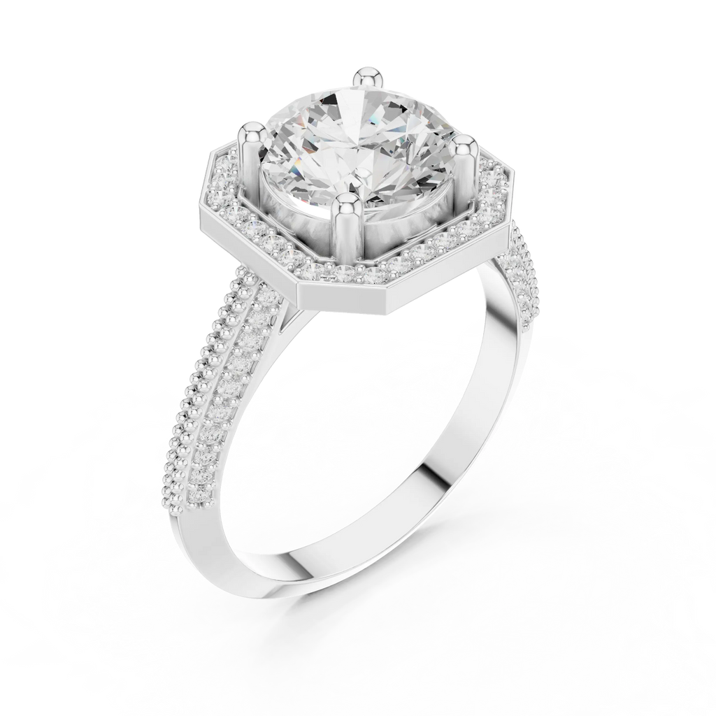 10K White Gold Round Diamond Hexagon Halo Engagement Ring