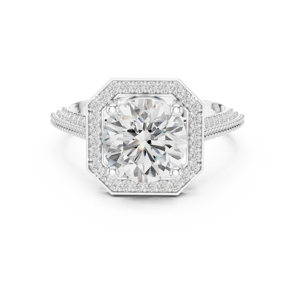 10K White Gold Round Diamond Hexagon Halo Engagement Ring