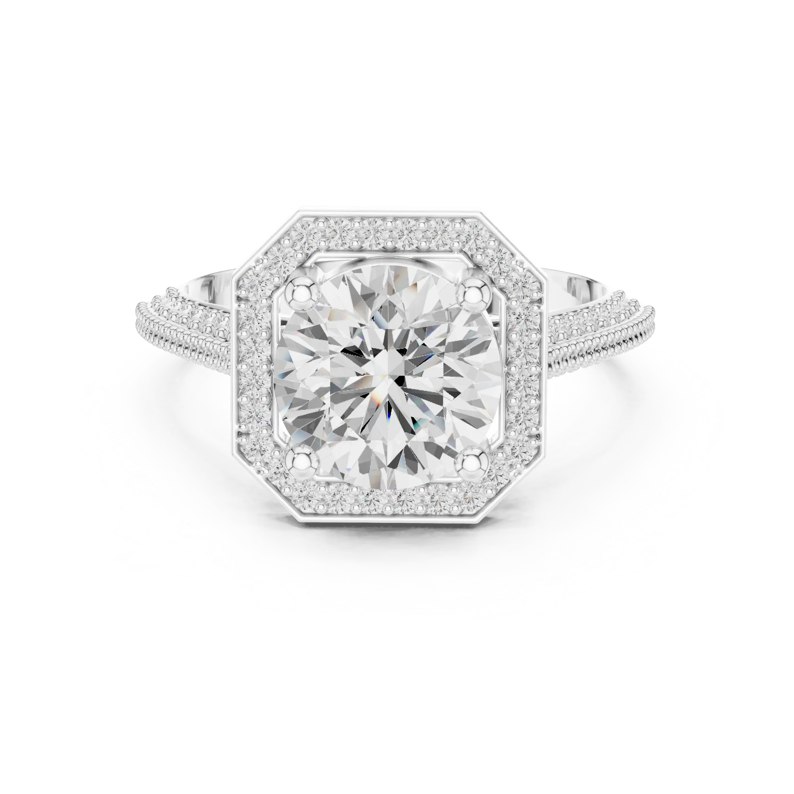 10K White Gold Round Diamond Hexagon Halo Engagement Ring