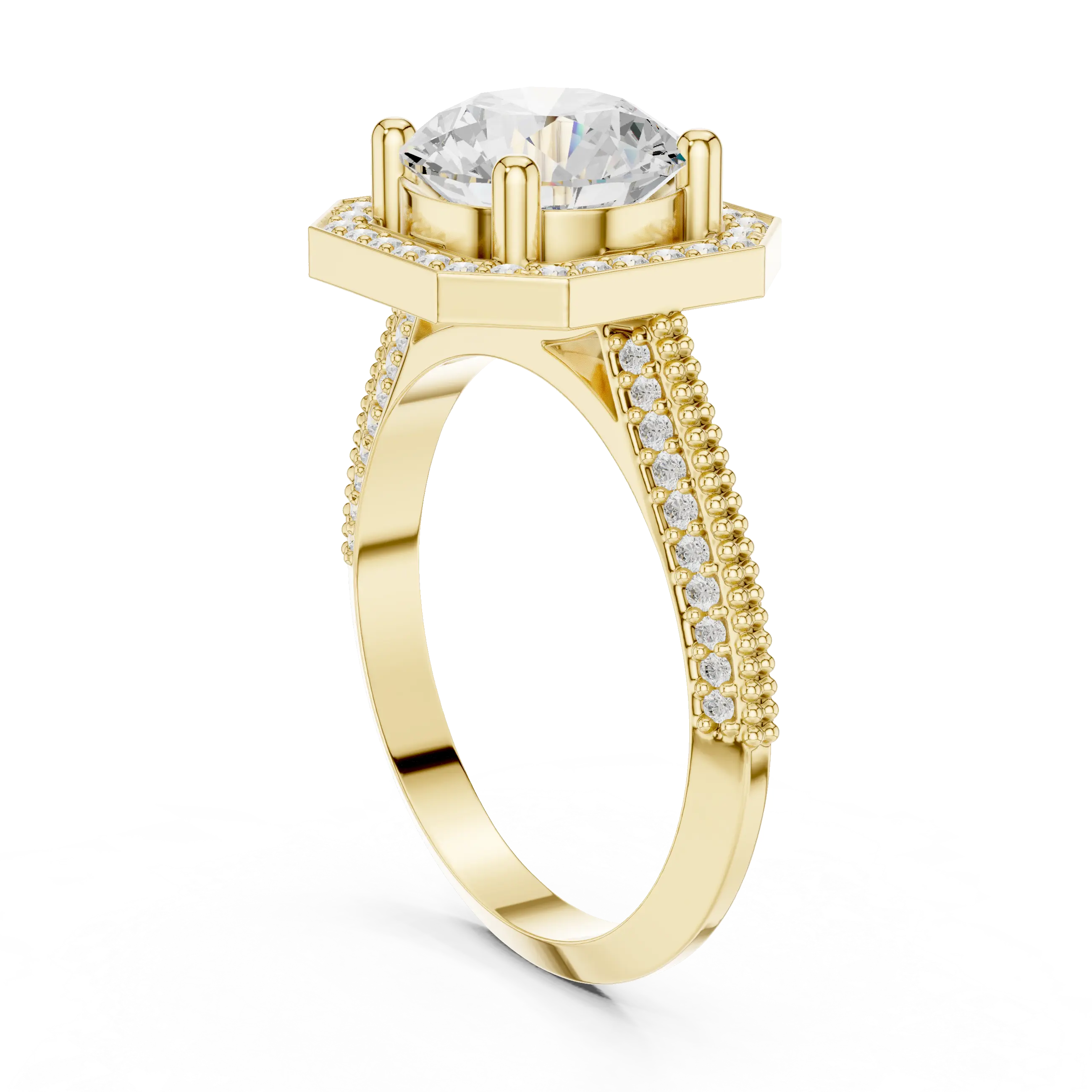 10K White Gold Round Diamond Hexagon Halo Engagement Ring