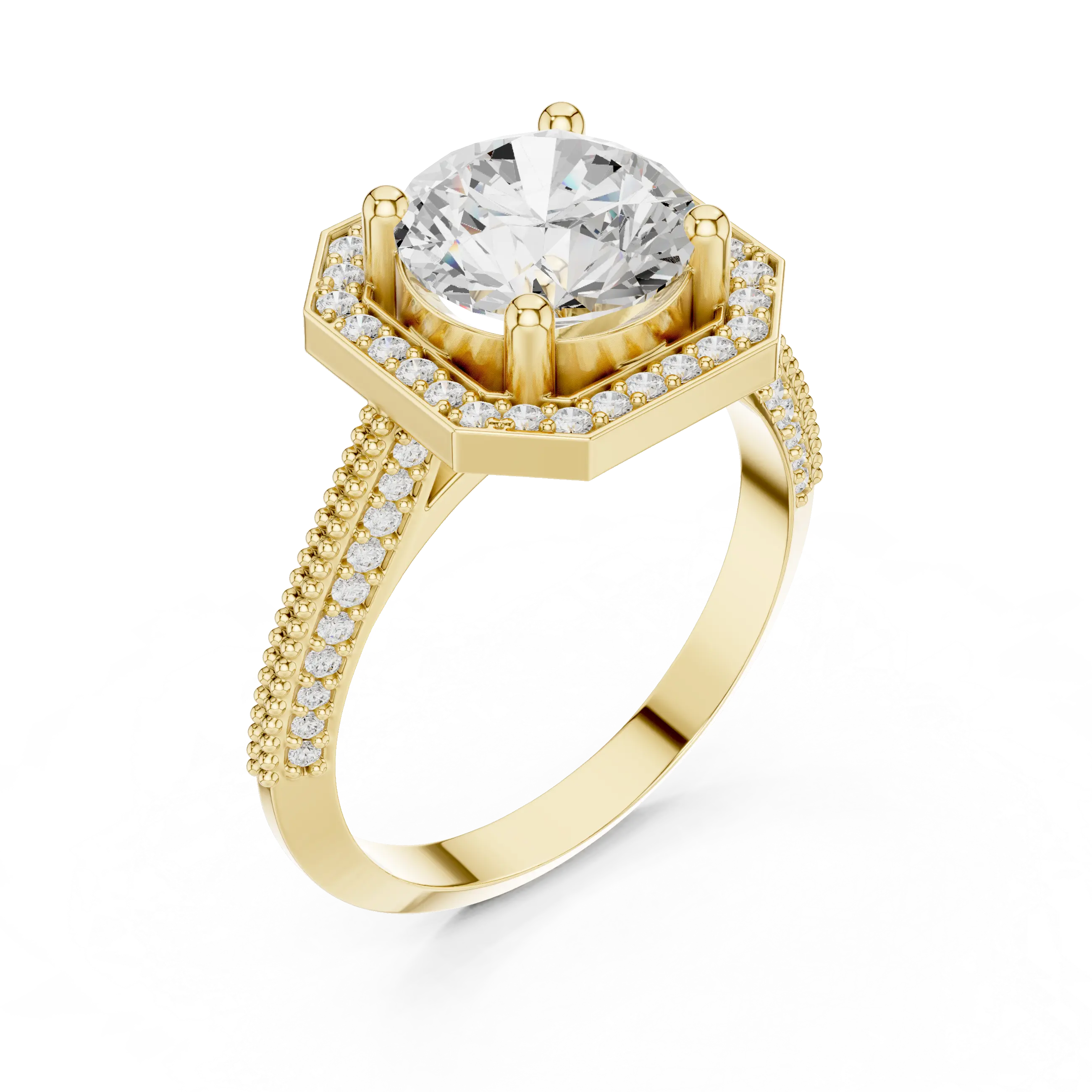 10K White Gold Round Diamond Hexagon Halo Engagement Ring
