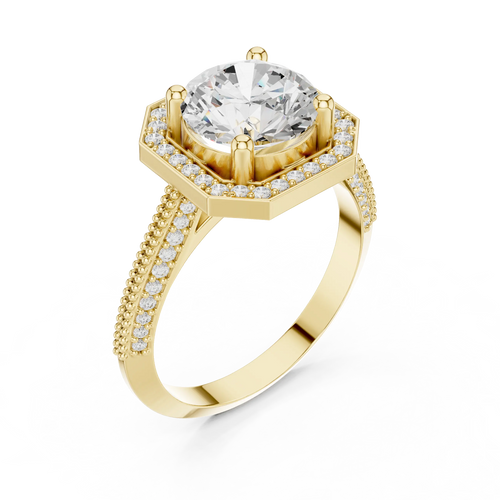 10K White Gold Round Diamond Hexagon Halo Engagement Ring