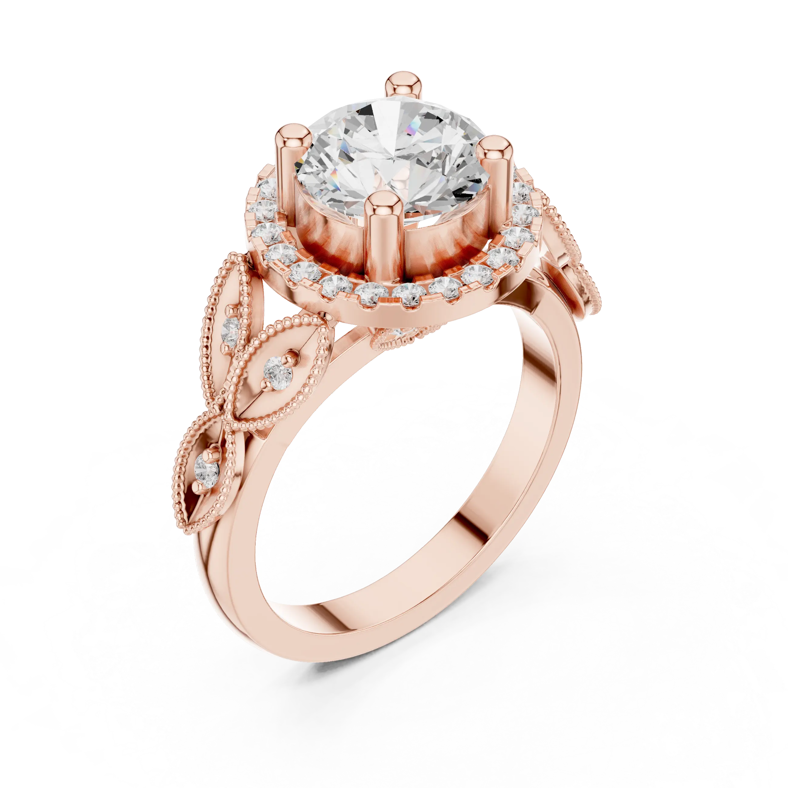 18K White Gold Round Diamond Floral Halo Engagement Ring
